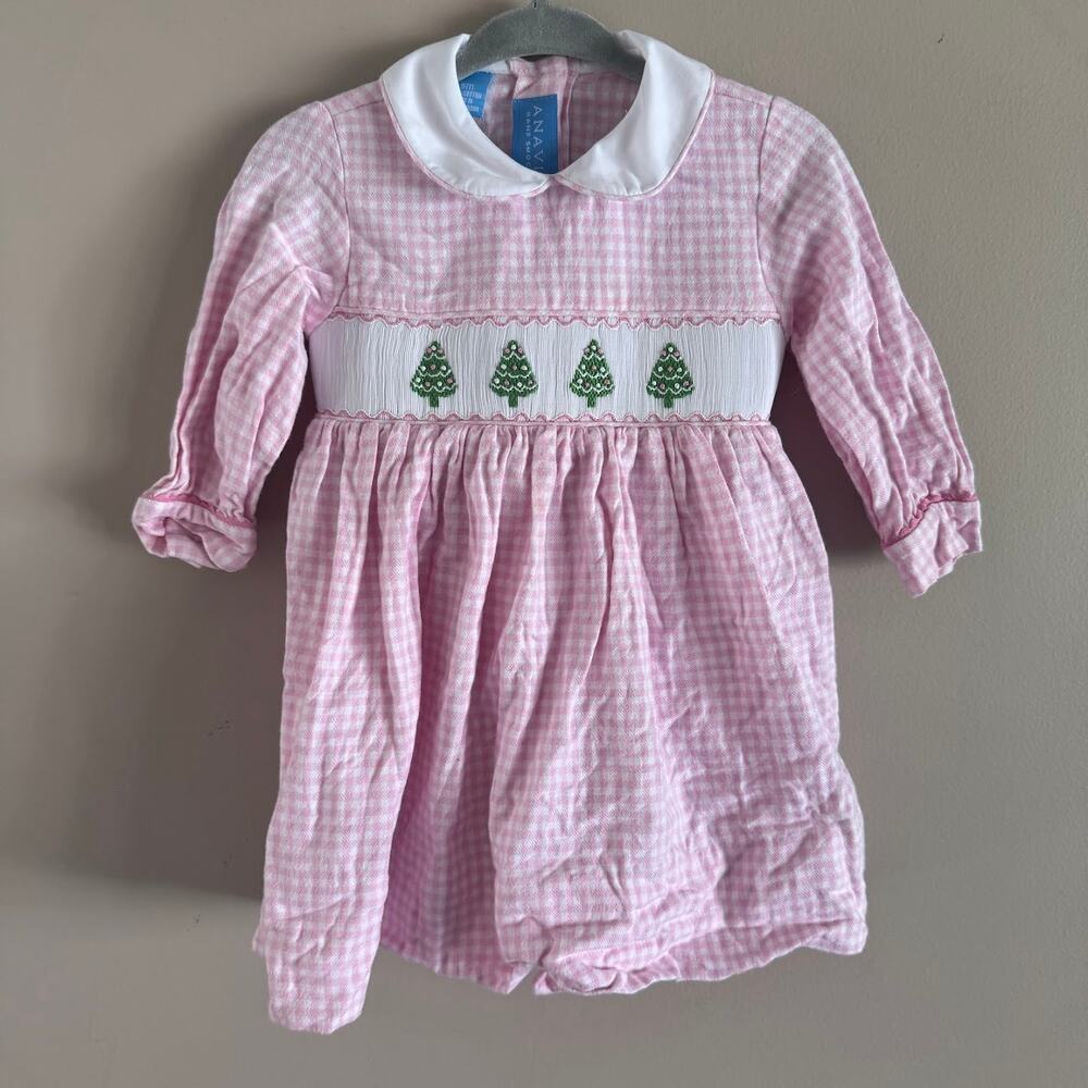 Anavini Hand Smocked Pink Gingham Christmas Tree Dress Baby Girl Size 9 Months